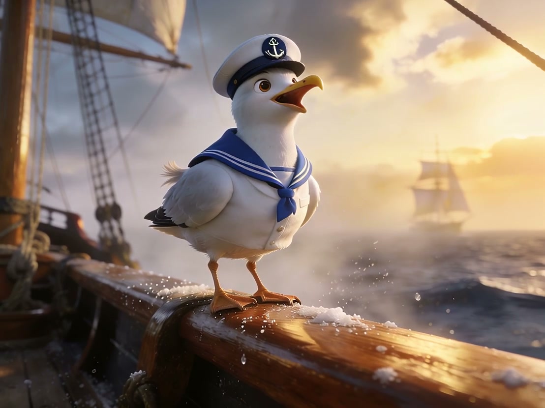3D animated cartoon seagull in a sailor uniform perched on a tall ship's wooden railing at sunset...