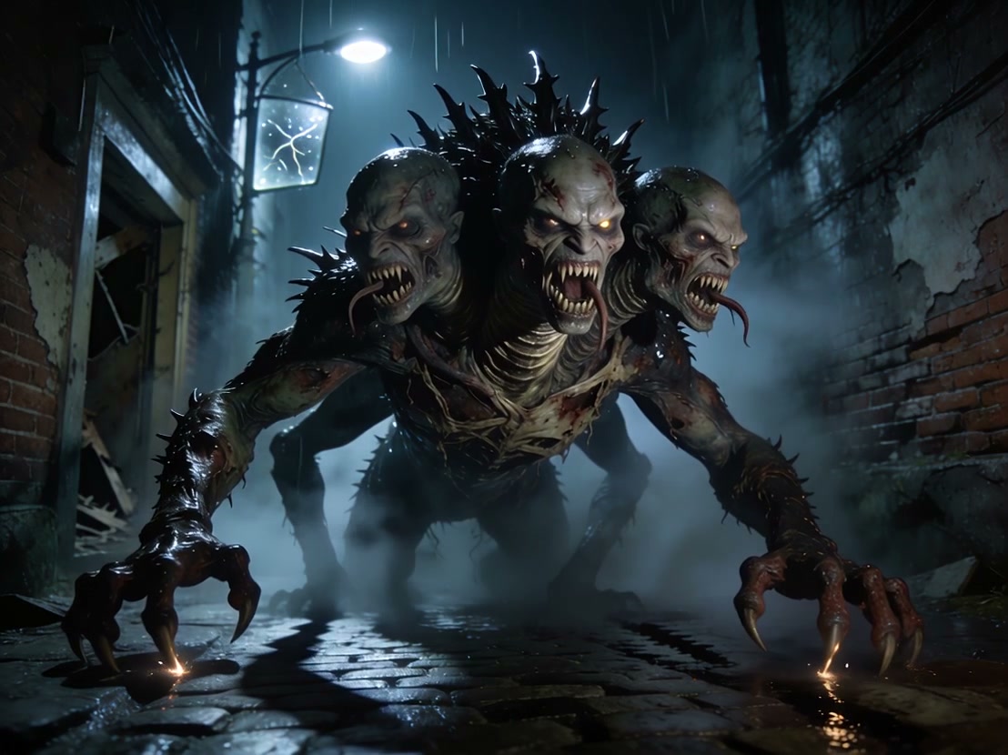 Three-headed undead cerberus-style zombie monster lurks in a misty, rainy dark urban alley, barin...