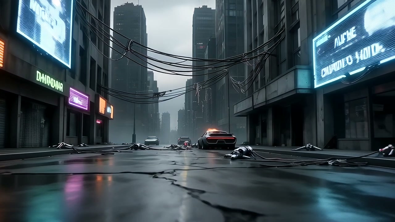 Foggy dystopian cyberpunk city street with skyscrapers, glowing neon signs, abandoned cars, and s...