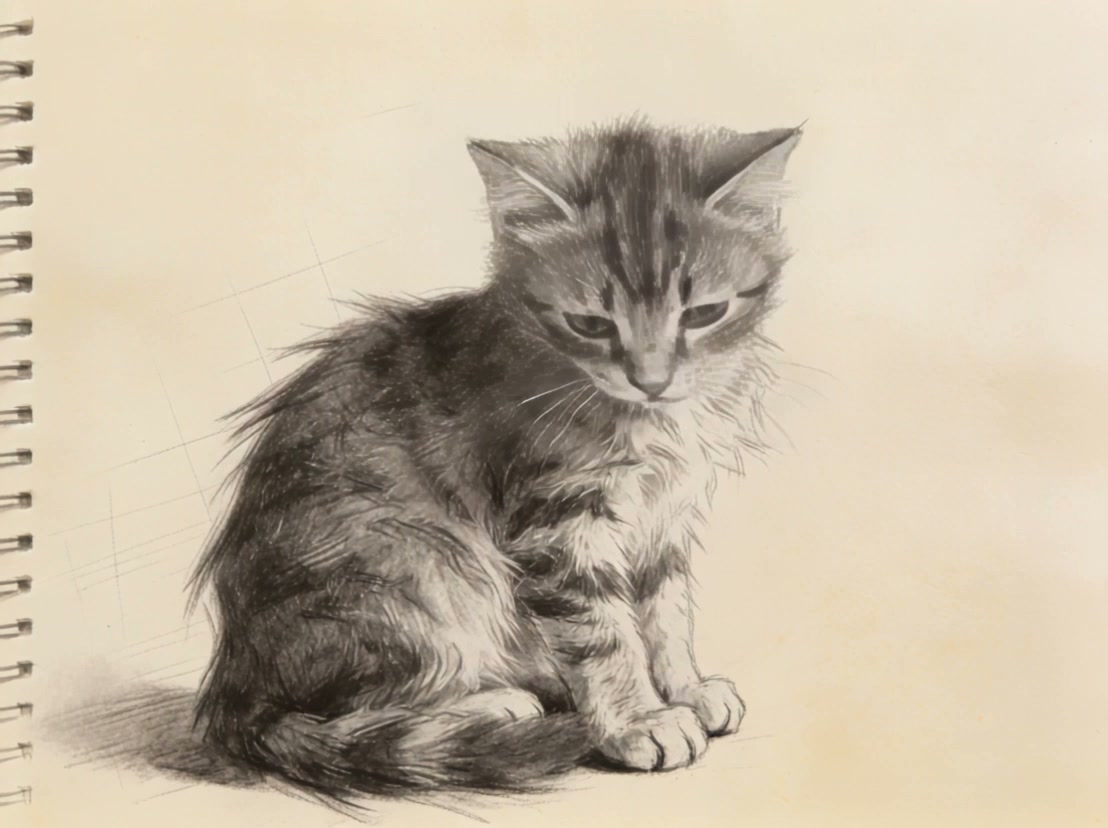 Graphite pencil sketch of a fluffy pensive tabby kitten sitting on spiral-bound sketchbook paper.