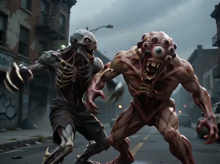 Two grotesque fanged mutated monsters advance menacingly down a foggy abandoned urban city street.
