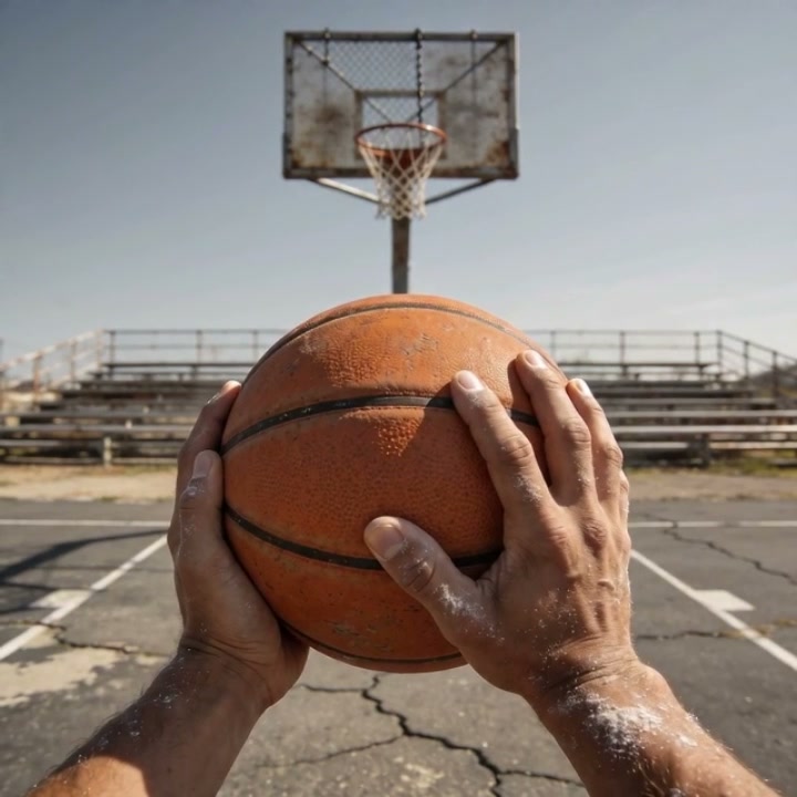POV of chalk-dusted hands holding a worn basketball, lined up to shoot at an outdoor street court...