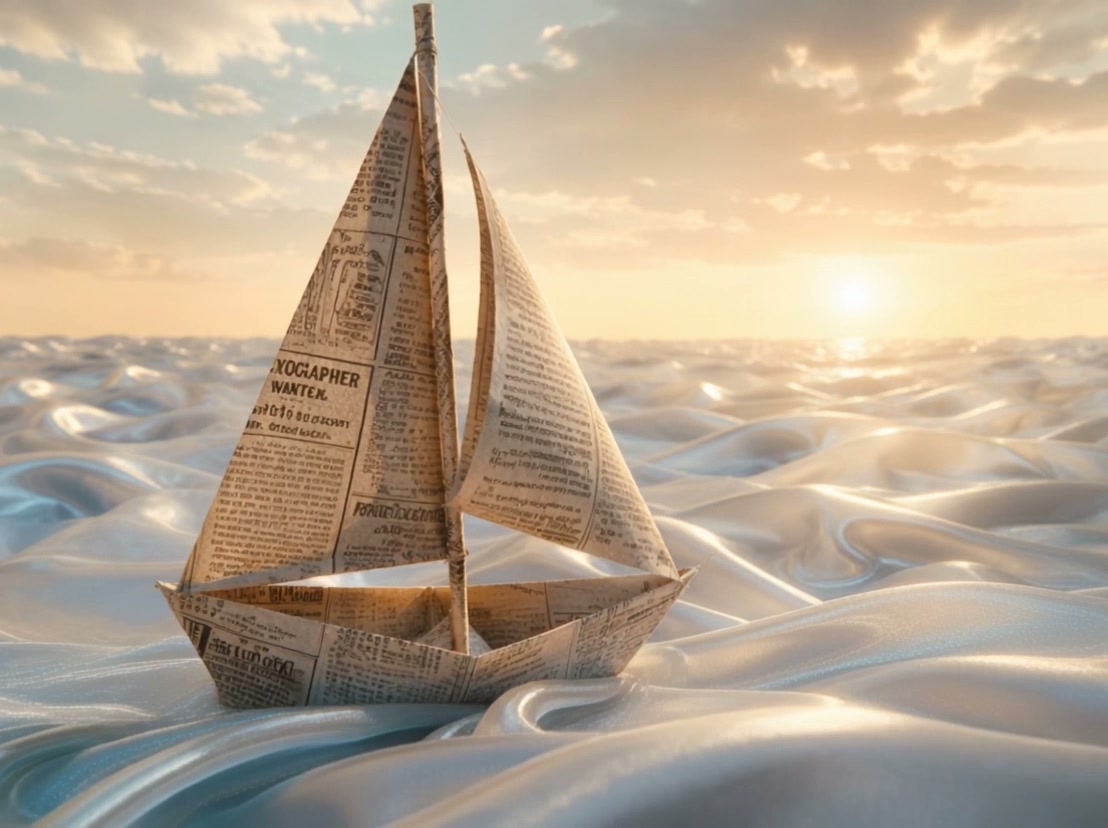 Newspaper origami sailboat floating on silky fabric waves beneath a warm golden sunset sky