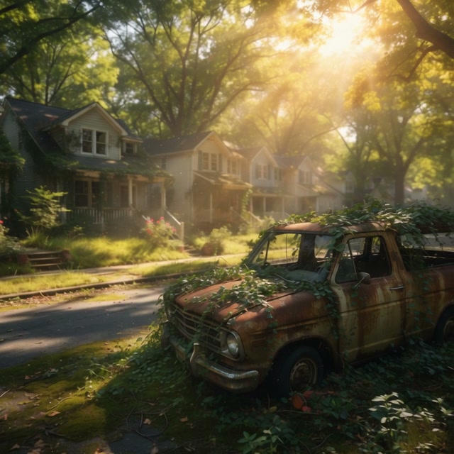 Golden hour abandoned suburban street with overgrown rusted vintage pickup truck and derelict nei...