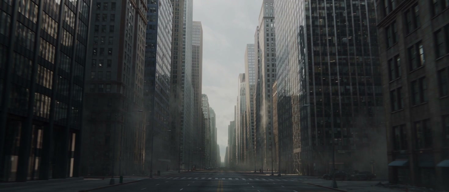Empty wide downtown street flanked by towering skyscrapers under a hazy overcast sky, no visible ...