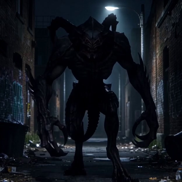 Towering menacing dark clawed monster stands silhouetted under a streetlight in a debris-strewn u...