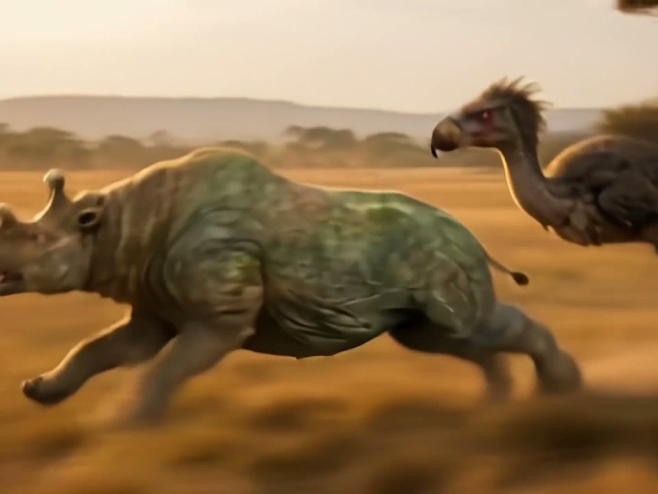 Bulky horned brontotherium runs from a chasing terror bird across warm sunlit prehistoric savanna...