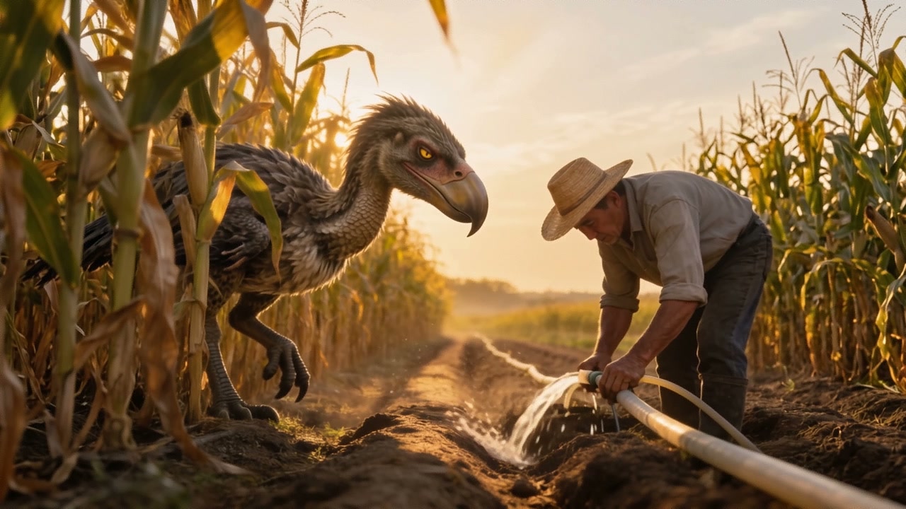 Farmer irrigates a cornfield at golden sunset while a large feathered prehistoric terror bird sta...