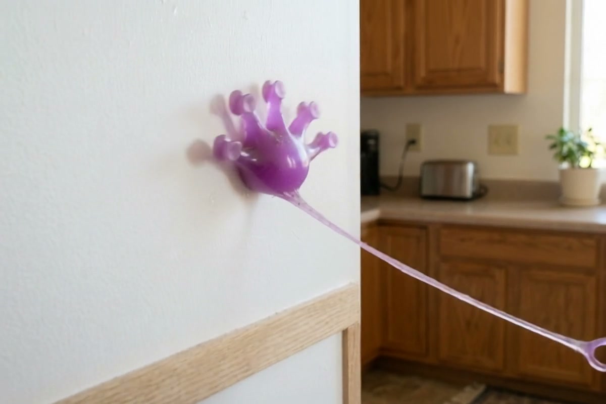 Purple stretchy sticky hand toy stuck to a white interior wall with a residential kitchen in the ...