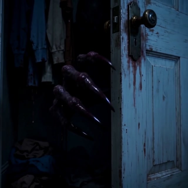 Glistening monstrous claw emerges from a partially open blood-stained old wooden closet door
