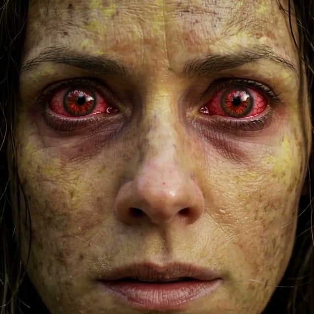 Close-up portrait of a possessed woman with bright bloodshot red eyes and sallow diseased skin