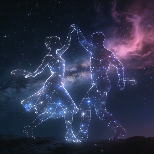 Glowing constellation silhouettes of a dancing couple posed against a swirling starry nebula sky
