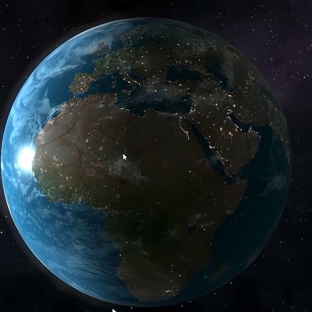 Planet Earth viewed from space at night, showing glowing city lights across Africa, Europe, and t...