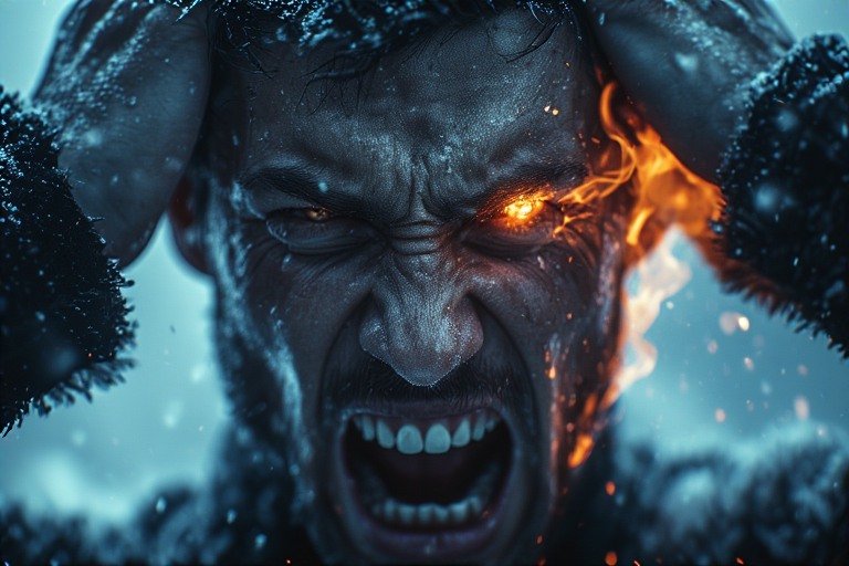 A furious man screams with a fiery eye and flames near his head in a icy, dramatic scene.