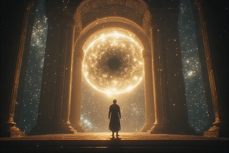 Person stands before a glowing circular portal inside an ancient temple arch, with a starry cosmo...