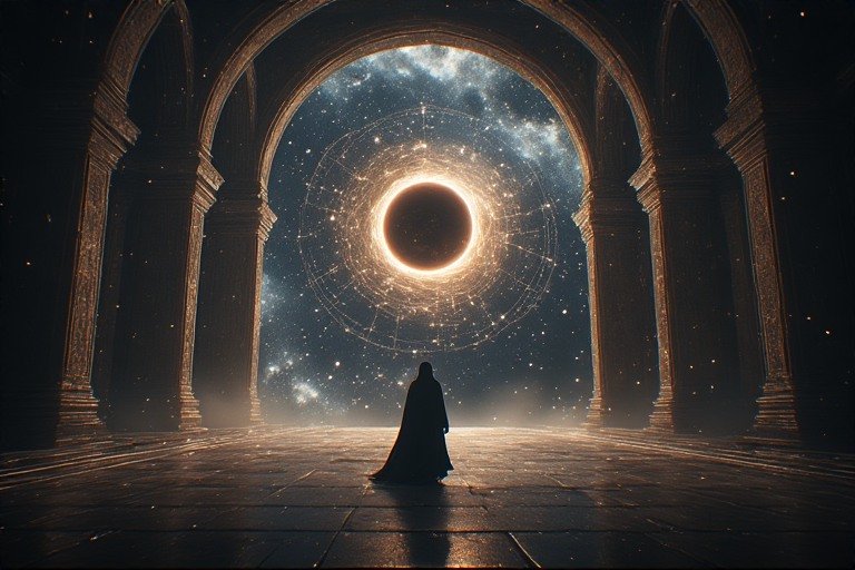 Silhouette of a cloaked figure facing a glowing cosmic portal within ancient archways at night.