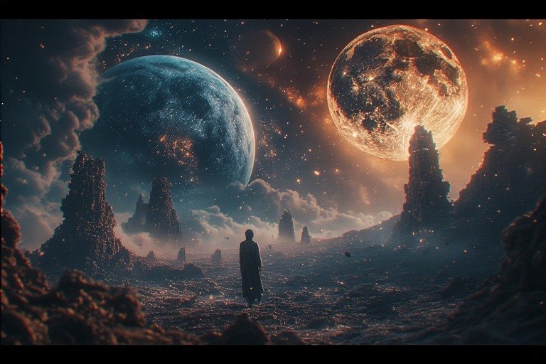 A lone silhouette gazes at a colossal, radiant cir | user_google_540186 ...