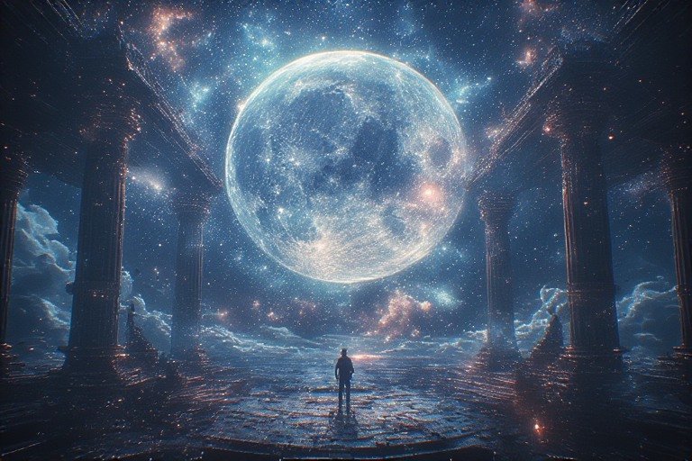 A lone figure stands in a surreal, starry ruin with a gigantic glowing moon overhead.