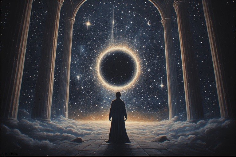 Silhouetted figure in a cloak stands on a cloud-filled floor before a radiant solar eclipse frame...
