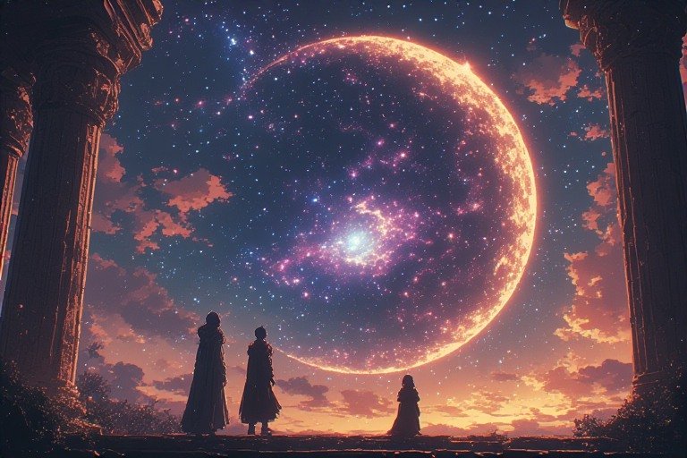 Three cloaked figures stand among ancient pillars, gazing at a giant glowing crescent planet in a...