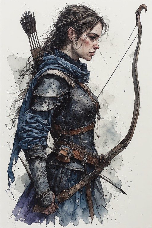 Watercolor-style illustration of a female archer in blue armor with a bow drawn and quiver on her...