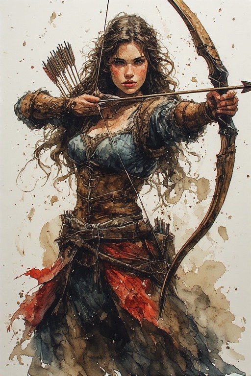 Female archer drawing a bow in a rugged watercolor fantasy illustration.