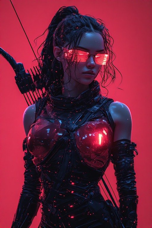 Cyberpunk woman in glossy armor with glowing red visor glasses and weapon harness.