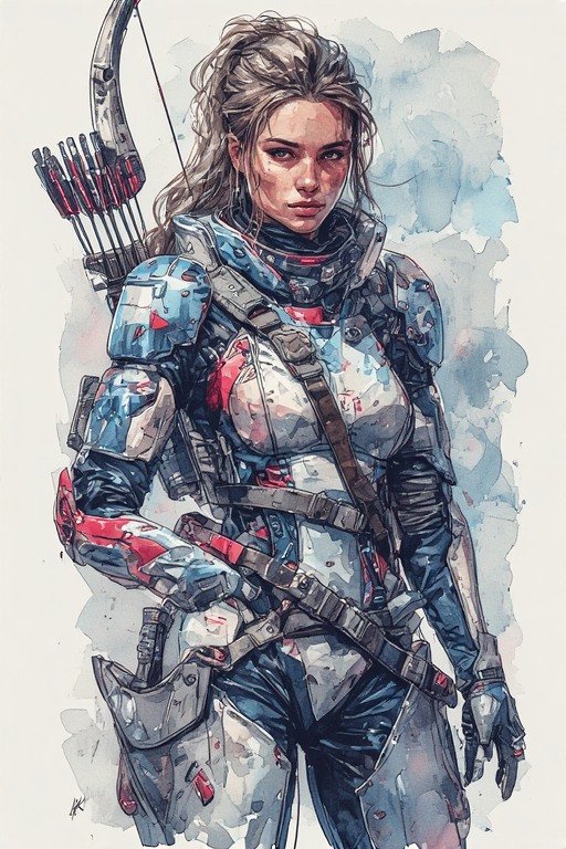 Female archer in futuristic armored suit with bow and quiver.