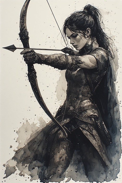 Female warrior archer in armor drawing a bow with a focused stance, watercolor-style illustration.