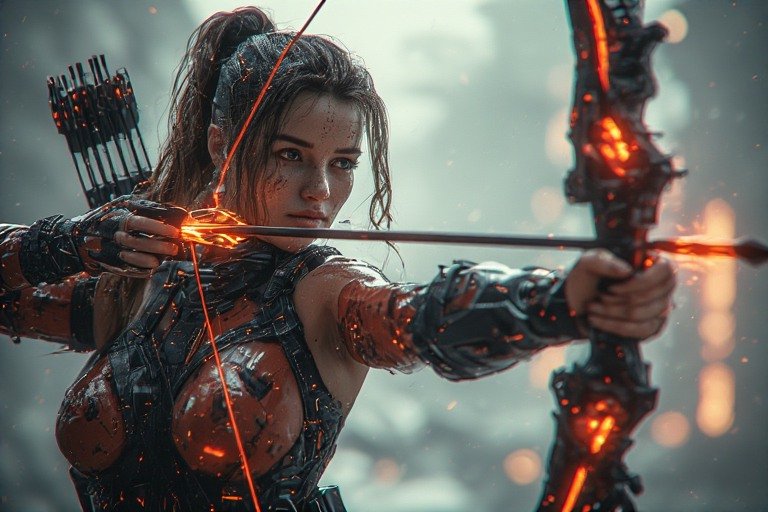 Female fantasy archer drawing a glowing orange bow in battle-ready armor.