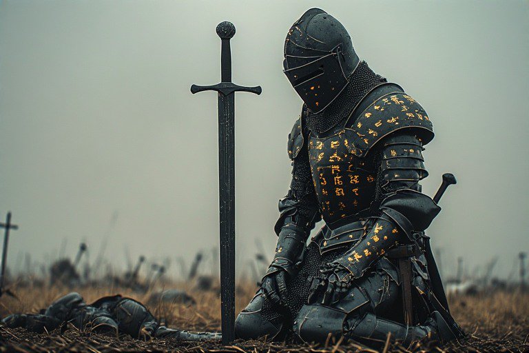 Medieval knight in dark armor kneels beside a sword stuck in the ground on a desolate battlefield.