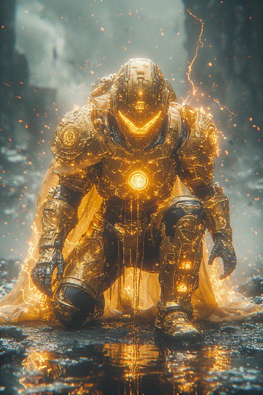 Golden armored superhero kneeling in glowing light amid sparks and reflective puddles.