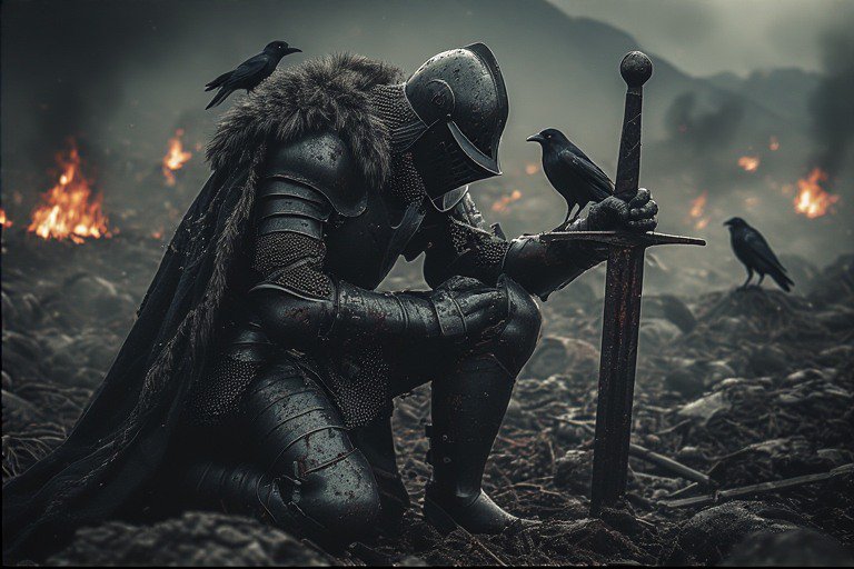 Knight in full plate armor kneels on a smoky battlefield with a sword, ravens perched nearby.