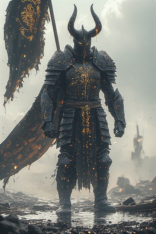 Horned armored warrior in black plate armor with glowing gold patterns on a smoky battlefield.