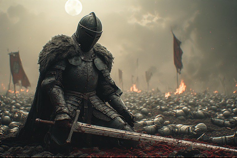 Dark armored knight kneels on a war-torn battlefield with a blood-stained sword amid fallen soldi...