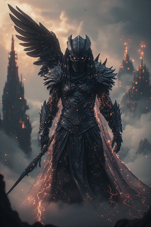 Dark armored winged knight standing in a fiery, lava-lit landscape