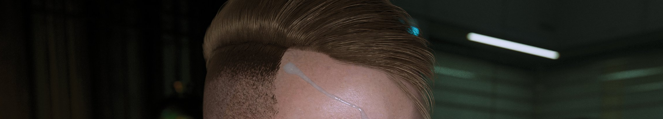 Close-up of an edgy undercut with shaved sides, thick top hair, and a blue accent line.