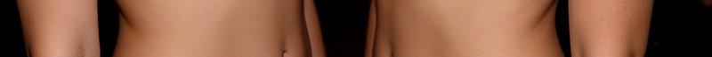 Two topless female torsos against a black background, cropped close-up.