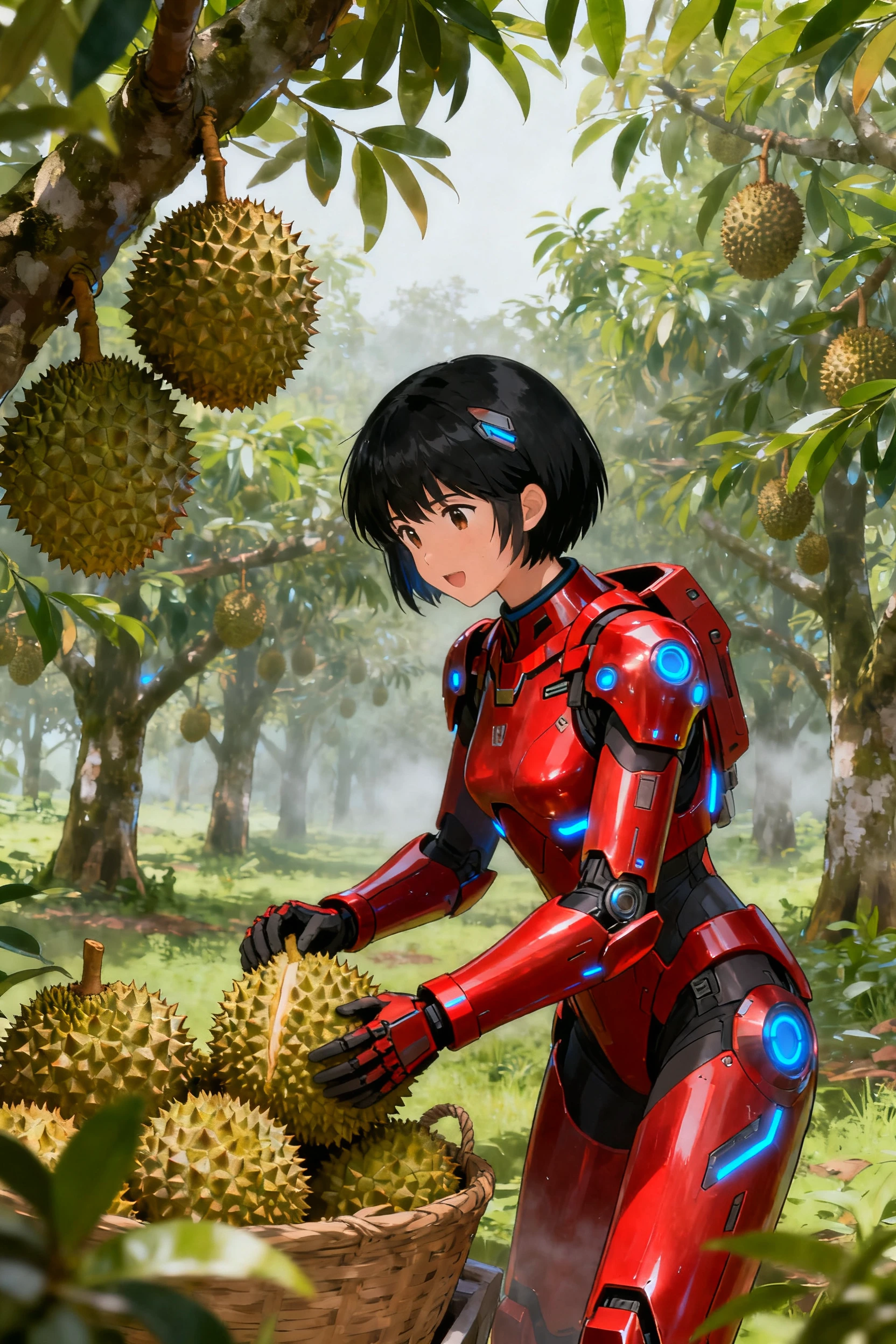 Anime-style figure in red powered armor harvesting durians in a tropical orchard.