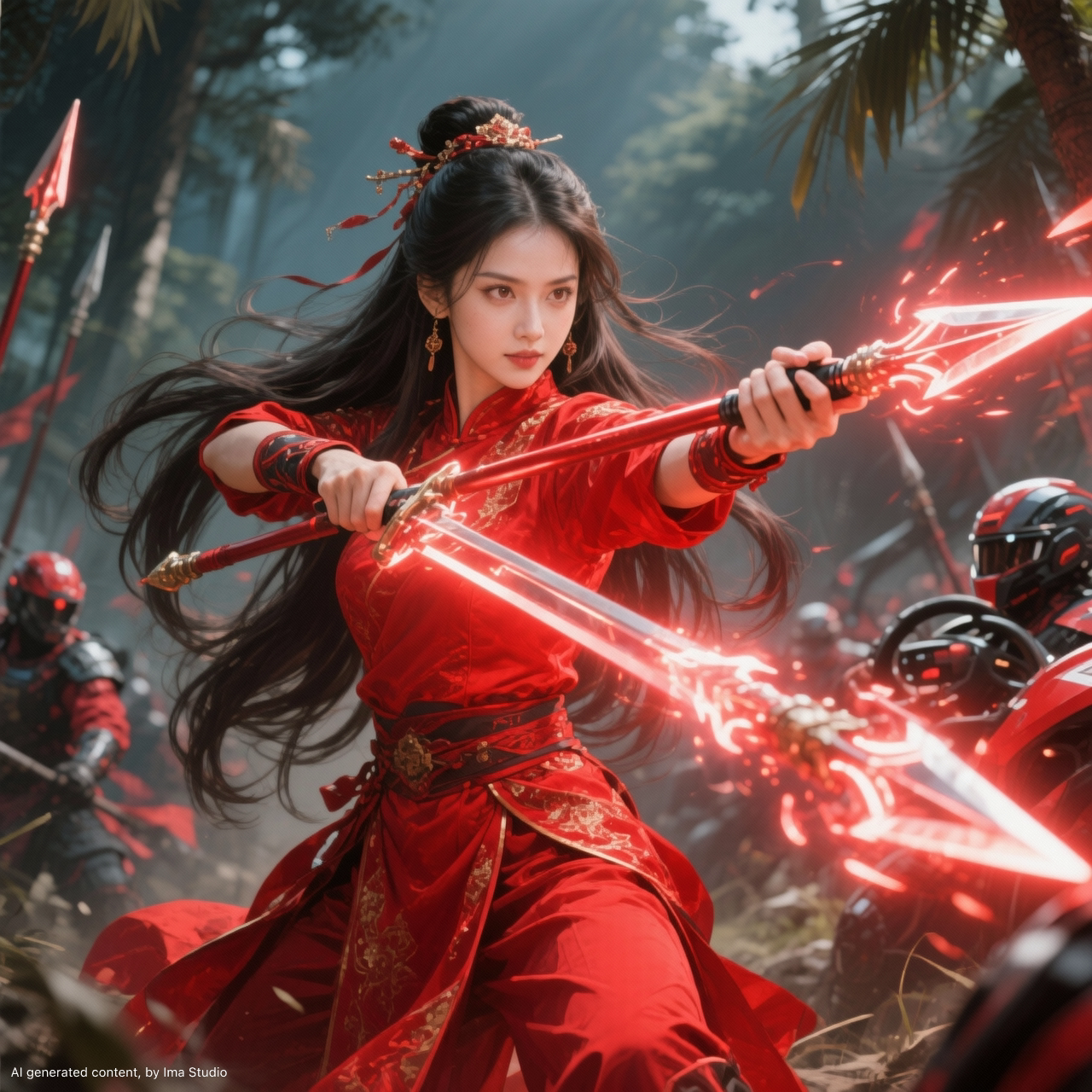 A fierce woman in a red martial arts dress wields glowing red swords in a smoky battle.