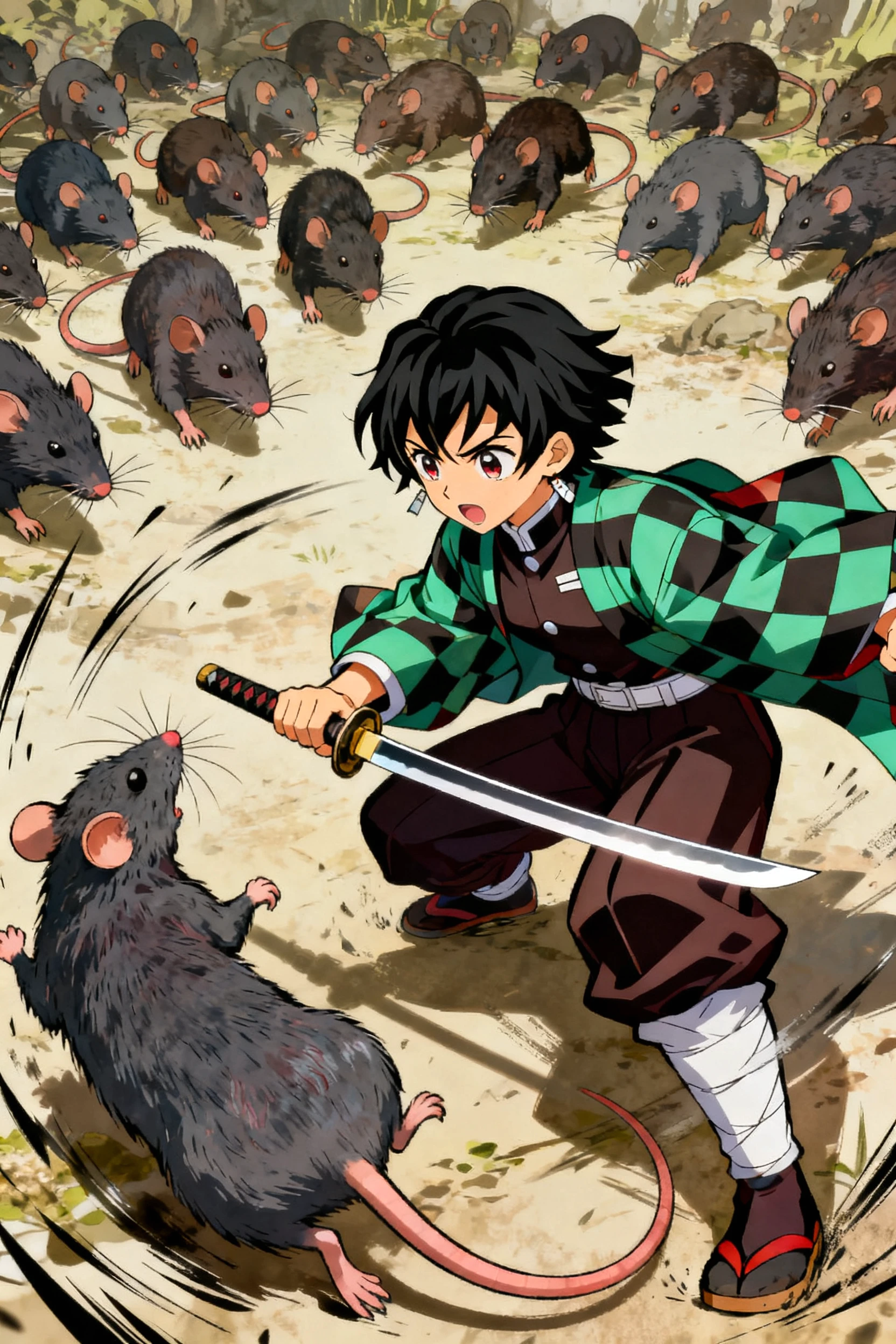 Tanjiro Kamado from Demon Slayer battling a swarm of rats with his katana in an action-packed anime scene.