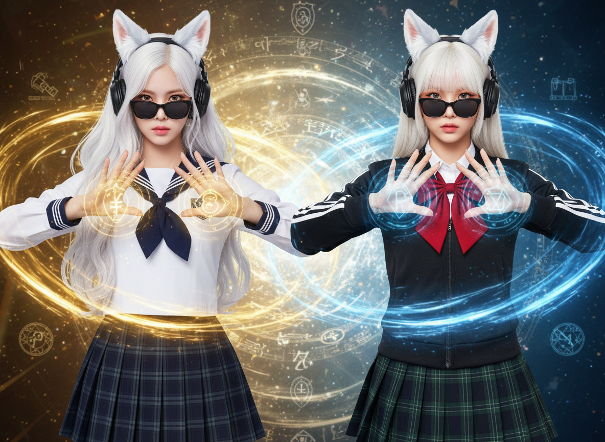 Two anime-style girls in school uniforms with cat ears and headphones casting glowing magical circles.
