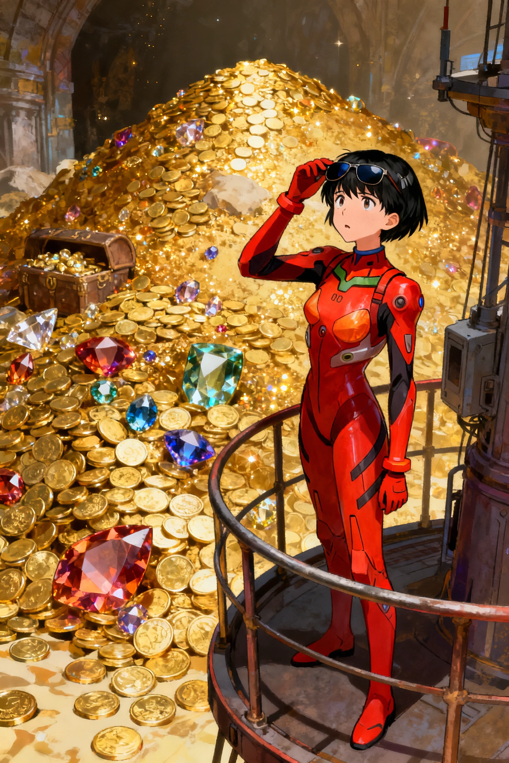 Anime character in a red EVA suit standing on a metal platform beside a massive treasure pile of gold coins and gems insid...