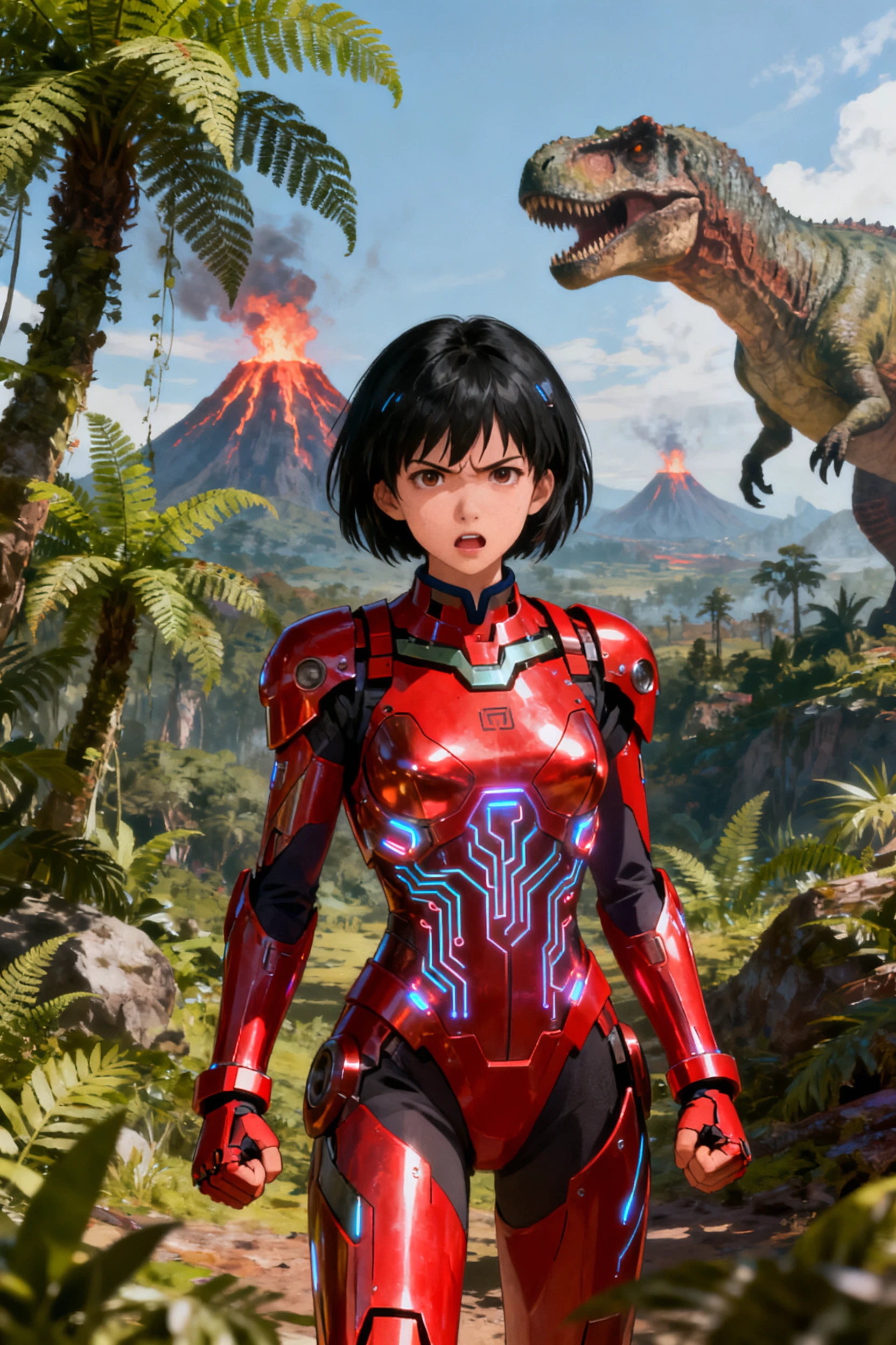 Fierce female armored warrior in a red exosuit amid a jungle with volcanoes and a looming dinosaur.
