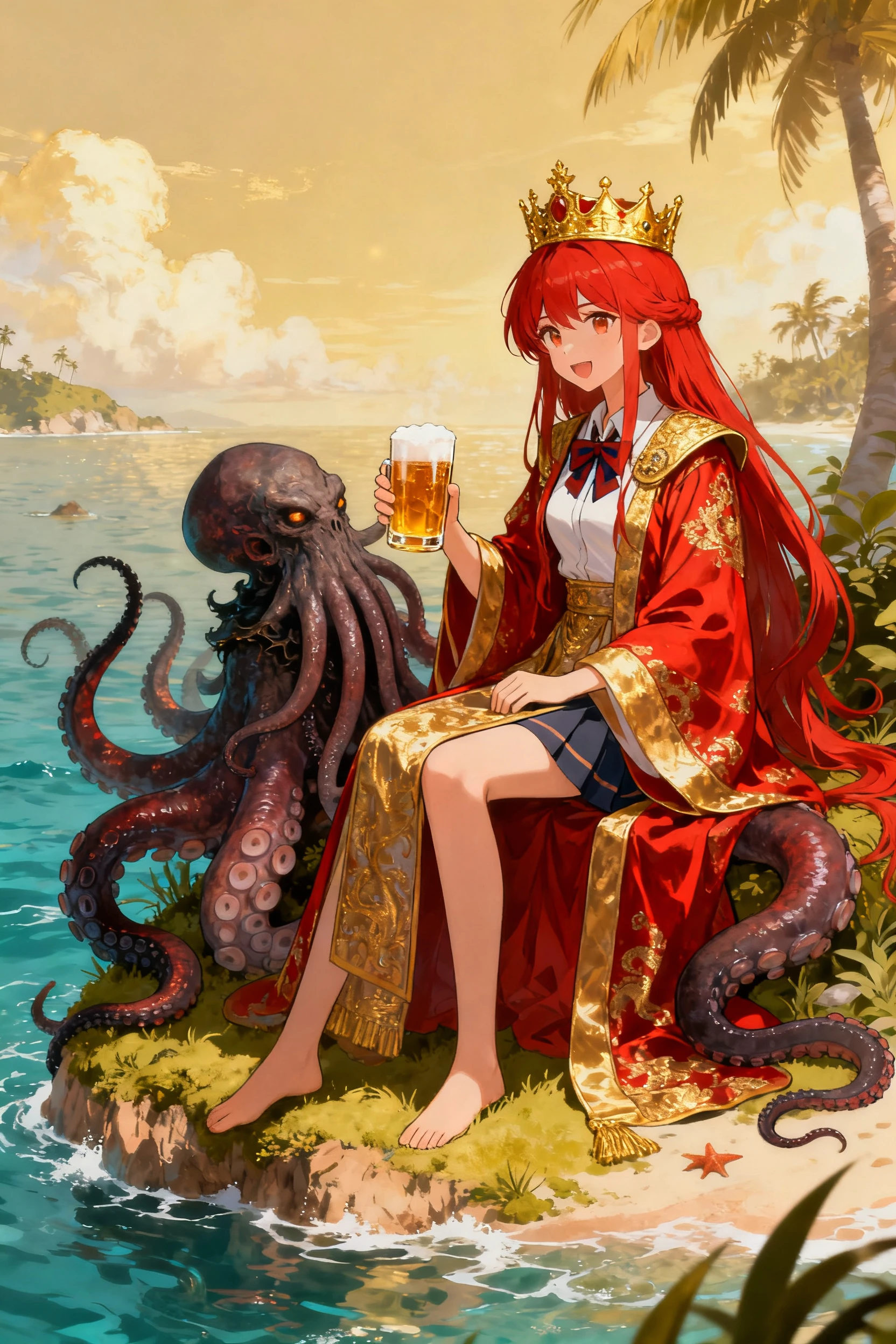 Anime-style red-haired girl in a gold-crowned robe sits on a small island with an octopus, holding a beer mug.