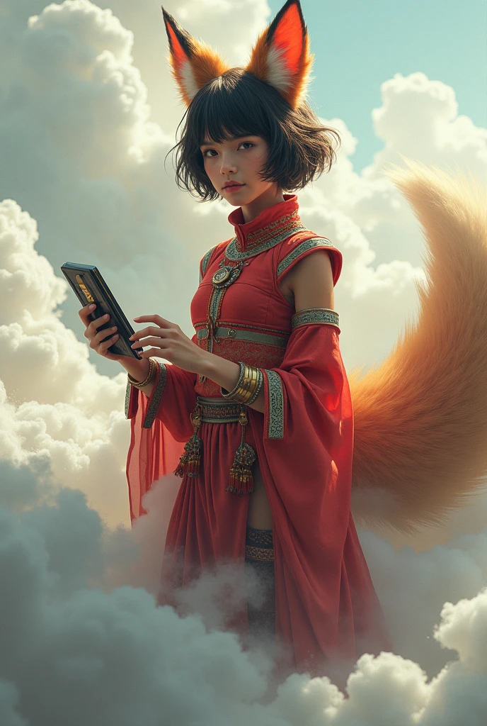 Cosplay girl with fox ears and tail in a red traditional dress, holding a tablet among clouds.