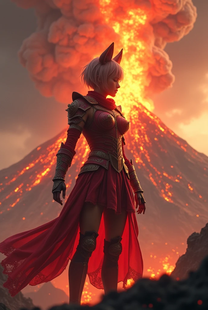 Cosplay armored warrior with horns stands before an erupting volcano and lava plume