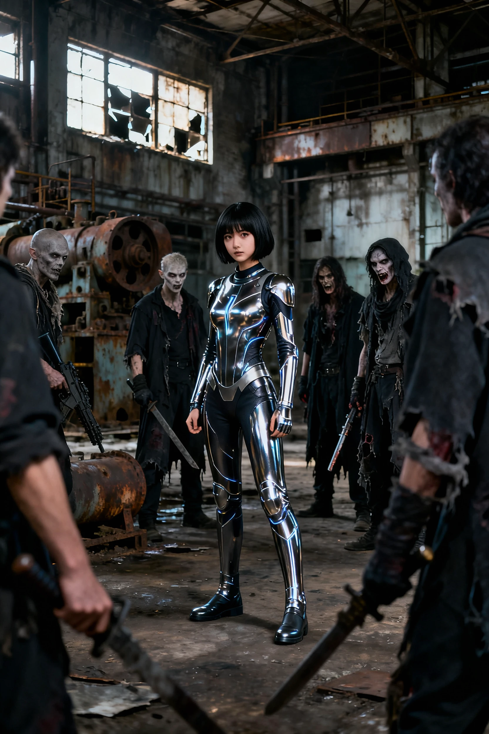 Cosplay of a woman in a reflective metallic bodysuit standing among zombie-like figures in a ruined factory