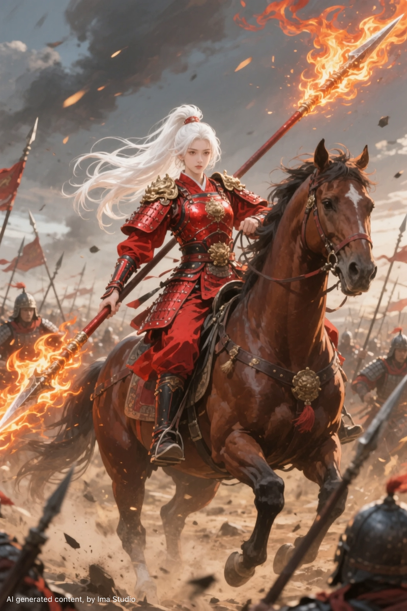 Female armored warrior on a galloping horse wielding a flaming spear amid a fiery battle.