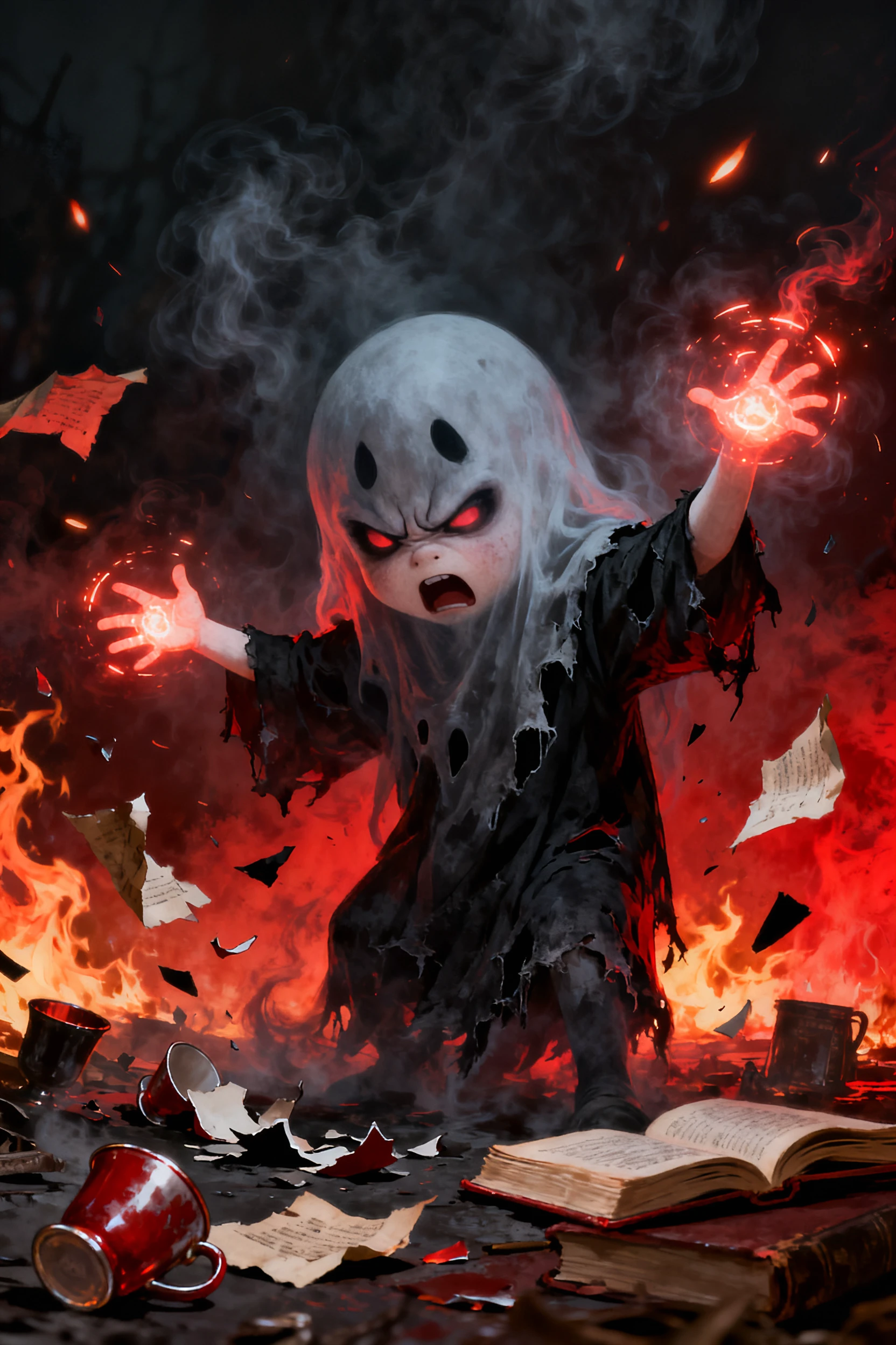 Ghostly child in a torn cloak with red eyes, surrounded by flames and flying papers.